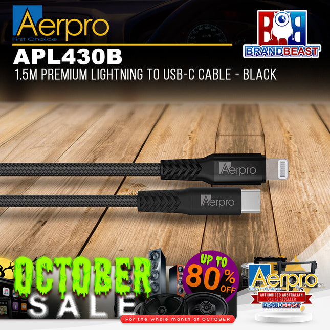Aerpro APL430B 1.5M Premium MFI Certified Lightning to USB-C Cable - Black