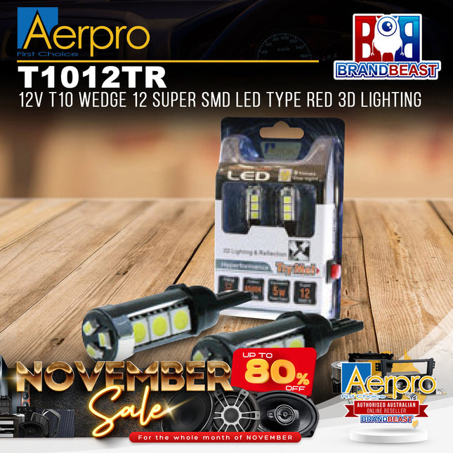 Aerpro T1012TR 12V T10 Wedge 12 Super SMD LED Type Red 3D Lighting