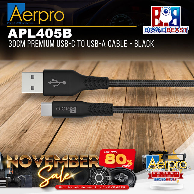 Aerpro APL405B 30cm Premium USB-C to USB-A Cable - Black