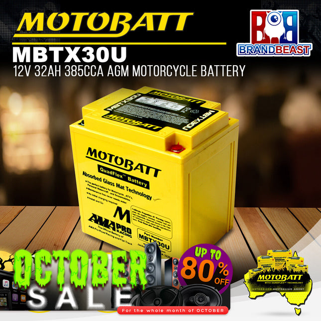 Motobatt MBTX30U 12V 32Ah 385CCA AGM Motorcycle Battery For Quadflex Technology