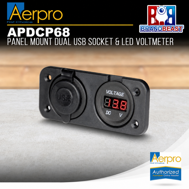 Aerpro APDCP68 Panel Mount Dual USB Socket & LED Voltmeter