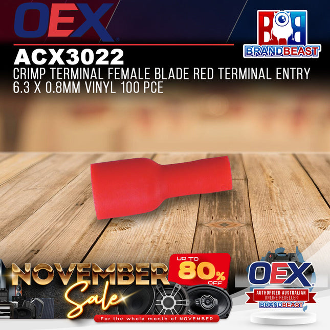 OEX ACX3022 Crimp Terminal Female Blade Red Terminal Entry 6.3 x 0.8mm Vinyl 100