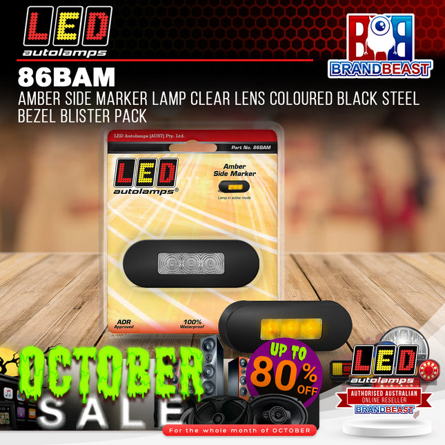 LED Autolamps 86BAM Amber Side Marker Lamp Clear Lens Coloured Black Steel Bezel Blister Pack