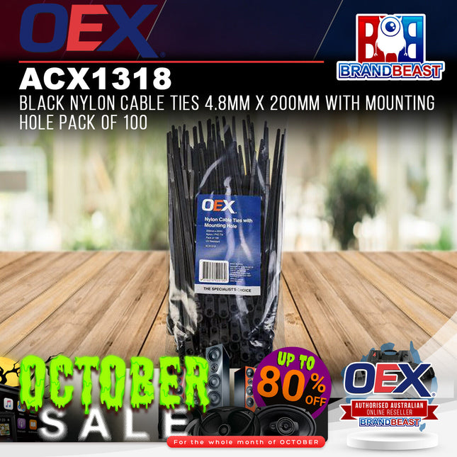 OEX ACX1318 Black Nylon Cable Ties 4.8mm x 200mm with Mounting Hole Pack of 100