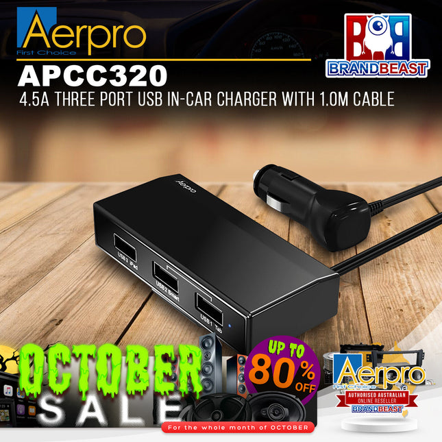 Aerpro APCC320 4.5A Three Port USB In-Car Charger With 1.0M Cable