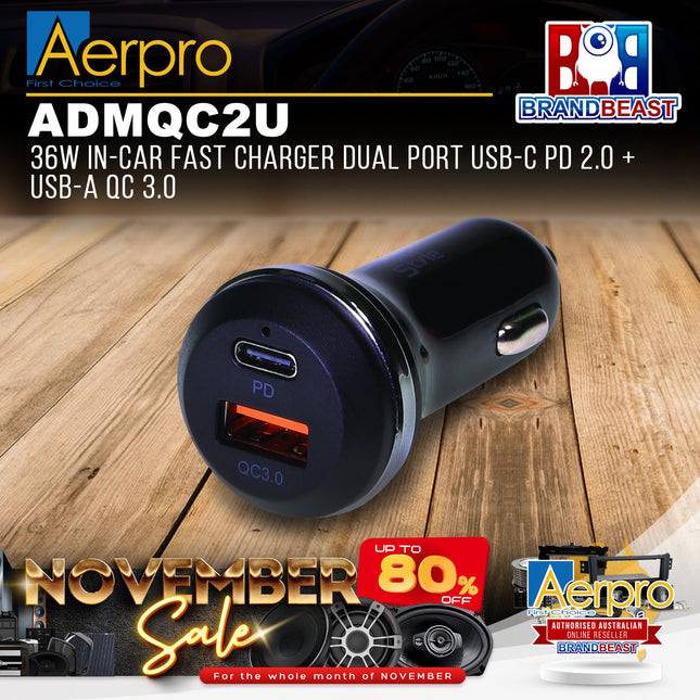 Aerpro ADMQC2U 36W In-Car Fast Charger Dual Port USB-C PD 2.0 + USB-A QC 3.0