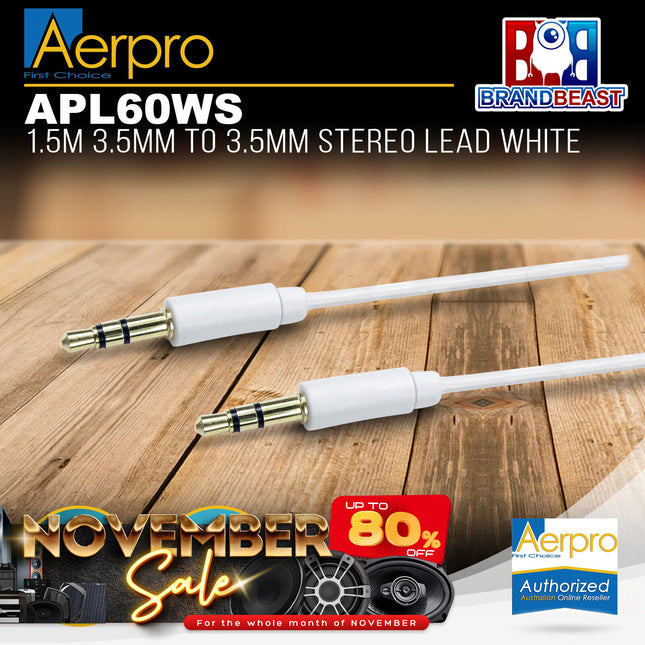 Aerpro APL60WS 1.5m White 3.5mm to 3.5mm Stereo Lead