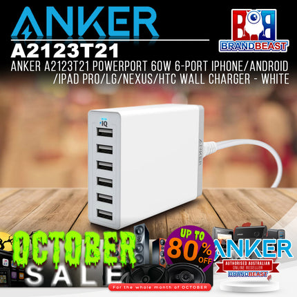 Anker A2123T21 PowerPort 60W 6-Port iPhone/Android/iPad Pro Wall Charger - White