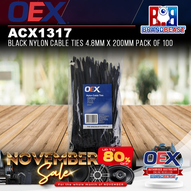OEX ACX1317 Black Nylon Cable Ties 4.8mm x 200mm Pack of 100