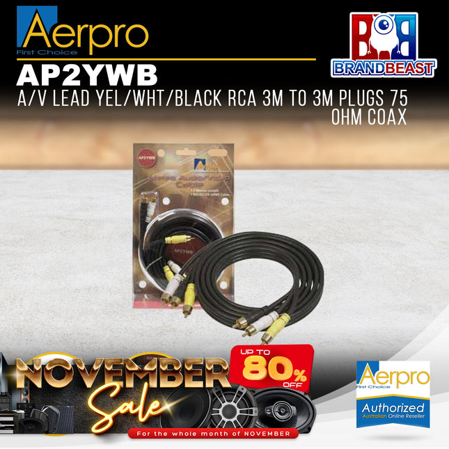 Aerpro AP2YWB 2M A/V Lead Yellow/White/Black RCA 3m to 3m Plugs 75 Ohm Coax