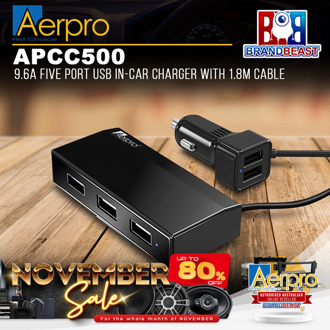 Aerpro APCC500 9.6A Five Port USB In-Car Charger With 1.8M Cable