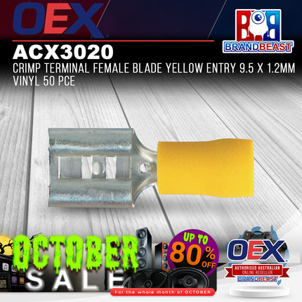 OEX ACX3020 Crimp Terminal Female Blade Yellow Entry 9.5 x 1.2mm Vinyl 50 Pce