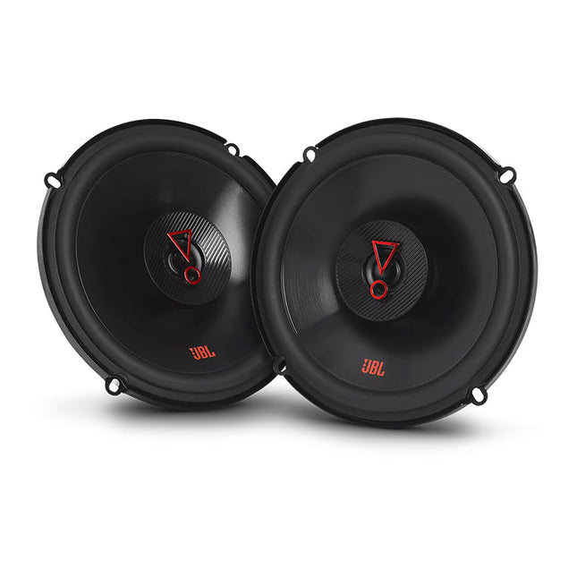 Pair of JBL Stage3 6.5-inch 2-way coaxial speakers without grilles, featuring black cones, exposed voice coils, and red JBL logo on the front.