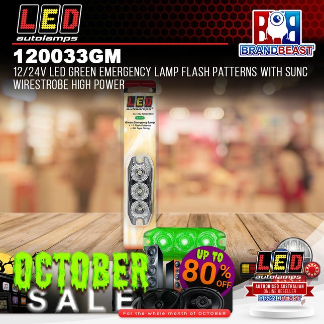 LED Autolamps 120033GM 12/24V LED Green Emergency Flash Patterns Sunc WireStrobe