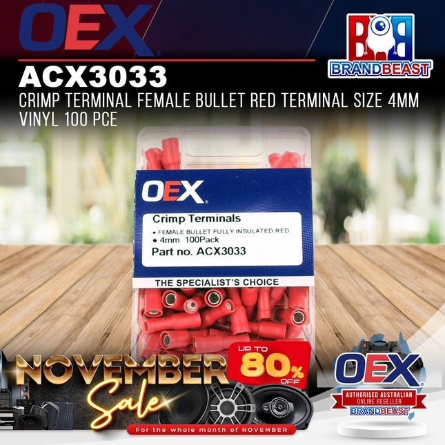 OEX ACX3033 Crimp Terminal Female Bullet Red Terminal Size 4mm Vinyl 100 Pce