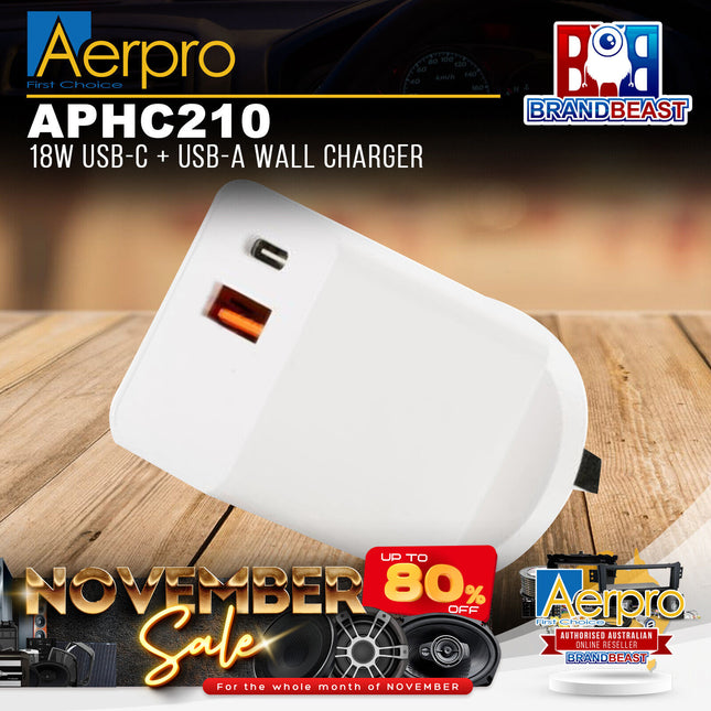 Aerpro APHC210 18 Watts USB-C + USB-A Wall Charger - White