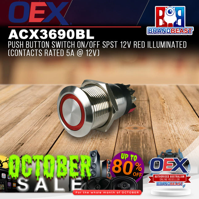 OEX ACX3690BL Push Button Switch On/Off SPST 12V Red Illuminated Contacts Rated