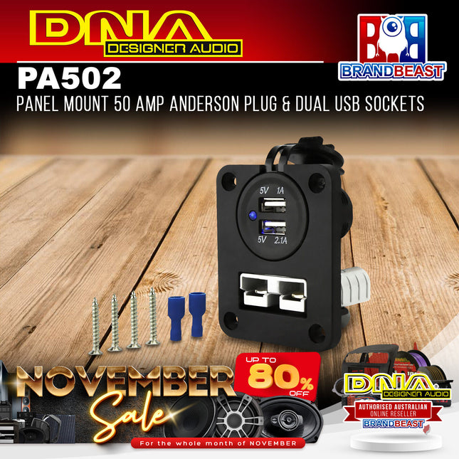 DNA PA502 Panel Mount 50 Amp Anderson Plug & Dual USB Sockets