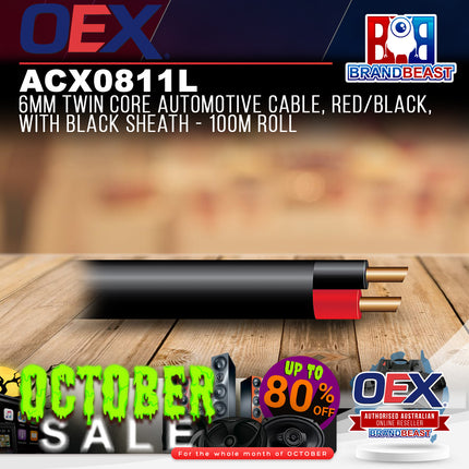 OEX ACX0811L 6mm Twin Core Automotive Cable, Red/Black, With Black Sheath - 100m