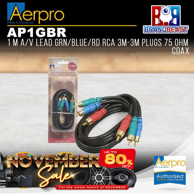 Aerpro AP1GBR 1M A/V Lead Green/Blue/Red RCA 3m to 3m Plugs 75 Ohm Coax