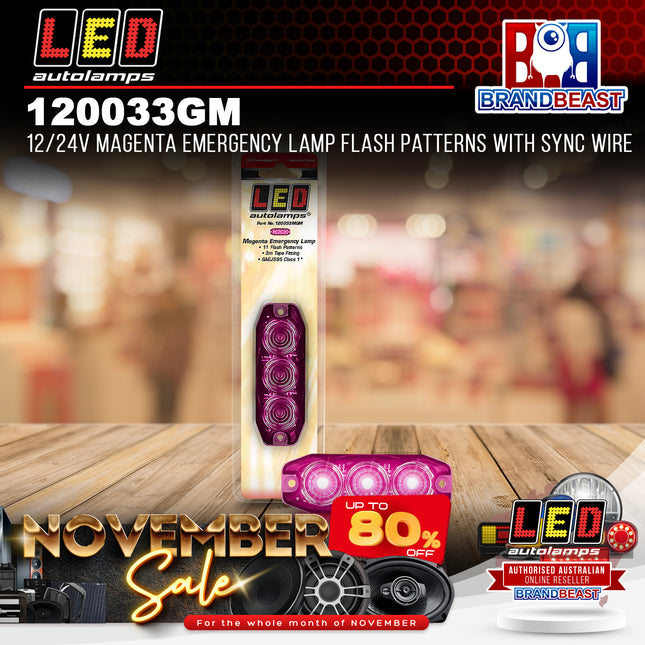LED Autolamps 120033MGM 12/24V Magenta Emergency Lamp Flash Patterns Sync Wire