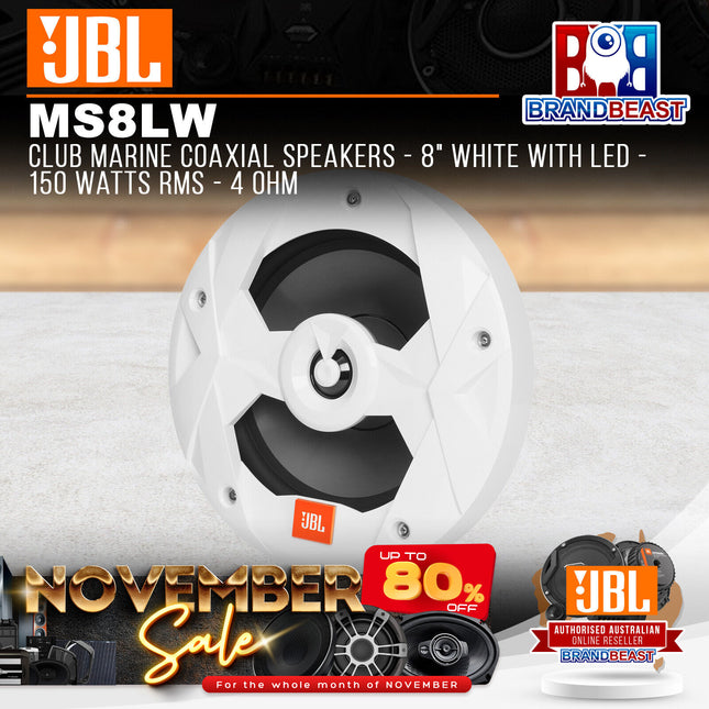 JBL MS8LW Club Marine Coaxial Speakers - 8" White with LED - 150 Watts RMS - 4 Ohm