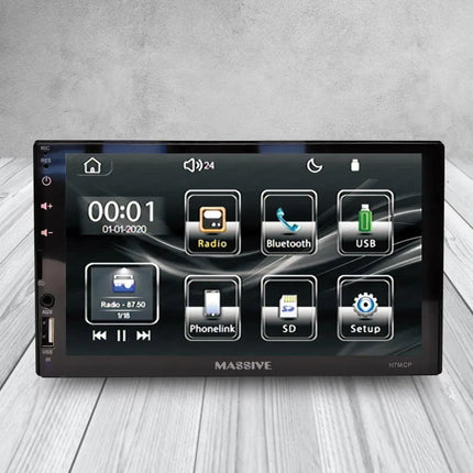 Massive Audio H7MCP video head unit – 6.75‑inch touchscreen with radio, Bluetooth, USB, and function icons