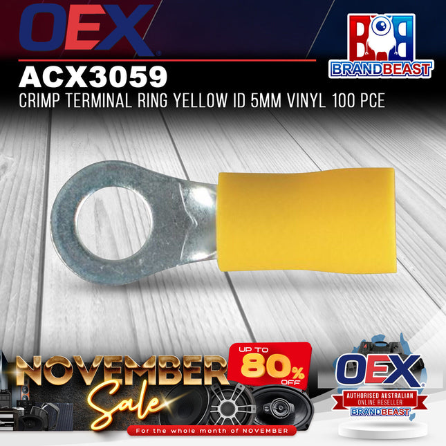 OEX ACX3059 Crimp Terminal Ring Yellow ID 5mm Vinyl 100 Pce