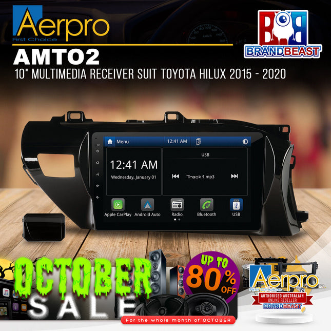Aerpro AMTO2 10" Multimedia Receiver Suit Toyota Hilux 2015 - 2020