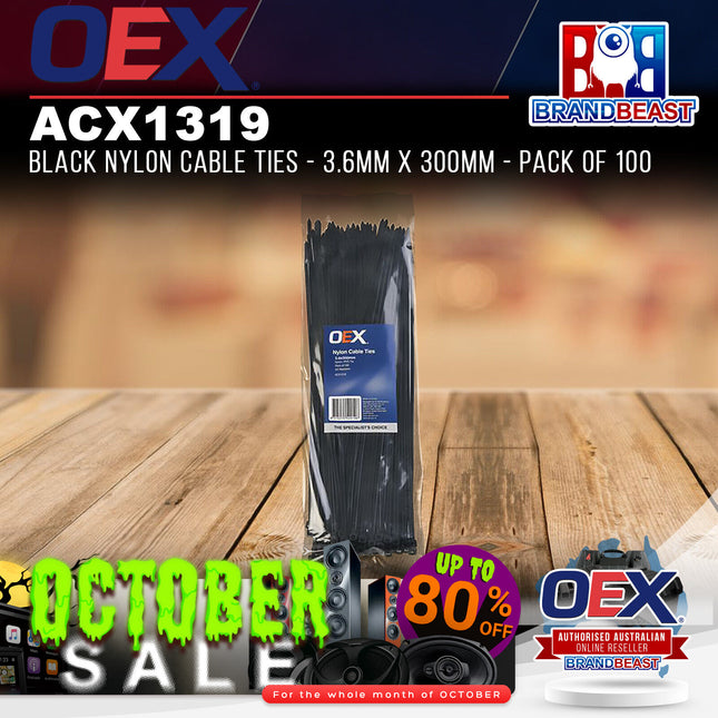 OEX ACX1319 Black Nylon Cable Ties - 3.6mm x 300mm - Pack of 100