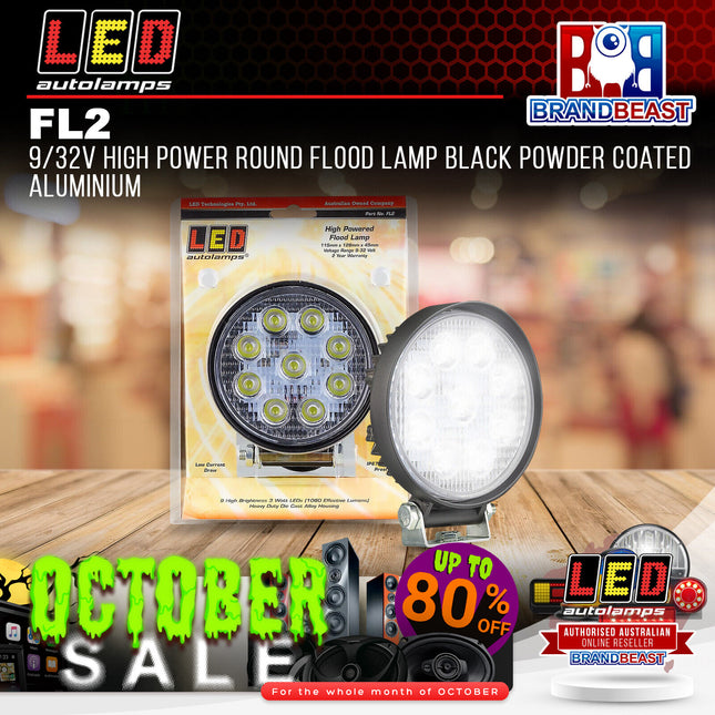 LED Autolamps FL2 9/32V High Power Round Flood Lamp Black Powder Coated Aluminum