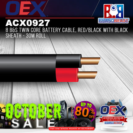 OEX ACX0927 8 B&S Twin Core Battery Cable Red/Black With Black Sheath - 30m Rol