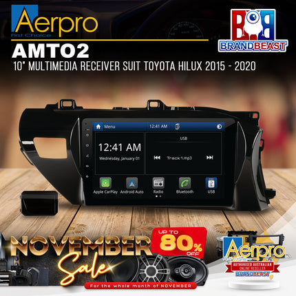 Aerpro AMTO2 10" Multimedia Receiver Suit Toyota Hilux 2015 - 2020