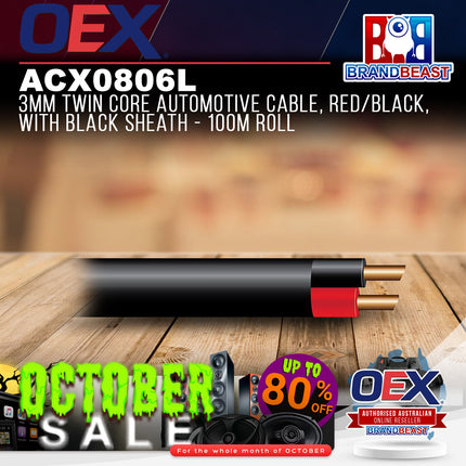 OEX ACX0806L 3mm Twin Core Automotive Cable, Red/Black, With Black Sheath - 100m