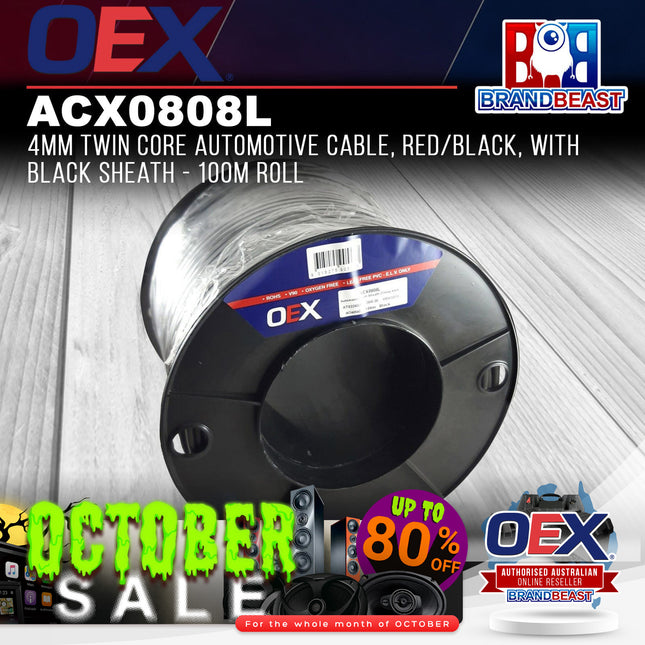OEX ACX0808L 4mm Twin Core Automotive Cable, Red/Black, Black Sheath 100m Roll