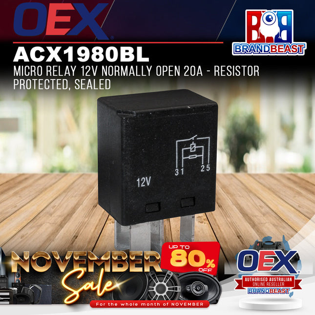 OEX ACX1980BL Micro Relay 12V Normally Open 20A - Resistor Protected, Sealed