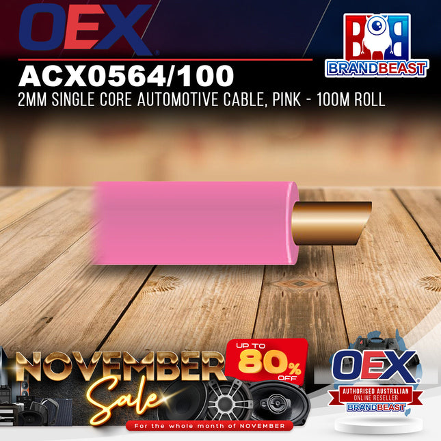 OEX ACX0564/100 2mm Single Core Automotive Cable, Pink - 100m Roll