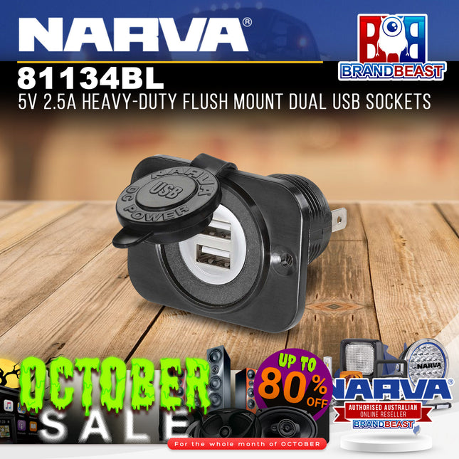 Narva 81134BL 5V 2.5A Heavy-Duty Flush Mount Dual USB Sockets