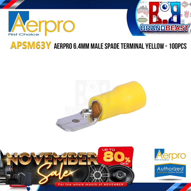 Aerpro APSM63Y 6.4mm Male Spade Terminal Yellow - 100pcs