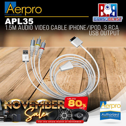 Aerpro APL35 1.5M Audio Video Cable For iPhone/iPod (3 RCA & USB Output)