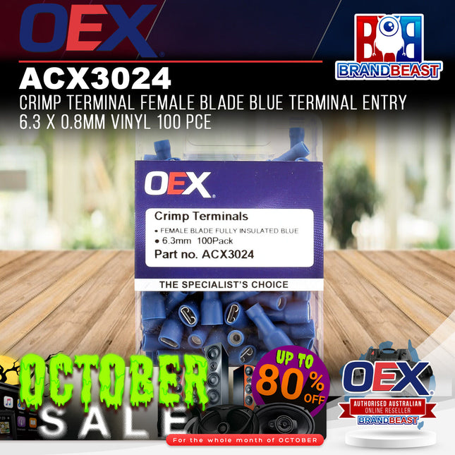 OEX ACX3024 Crimp Terminal Female Blade Blue Entry 6.3 x 0.8mm Vinyl 100 Pce