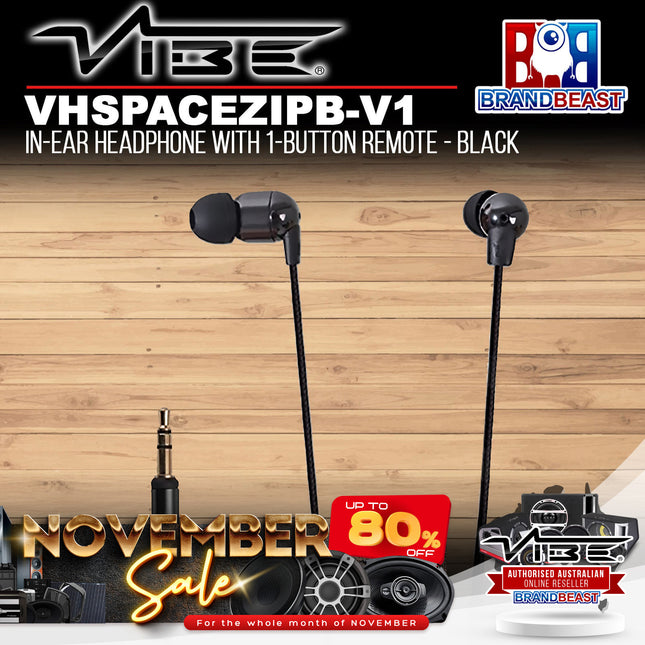 Vibe VHSPACEZIPB-V1 Zip Up In-Ear Headphone With 1-Button Remote - Black