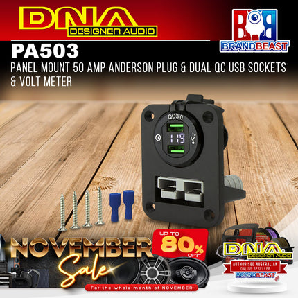 DNA PA503 Panel Mount 50 Amp Anderson Plug & Dual QC USB Sockets & Volt Meter