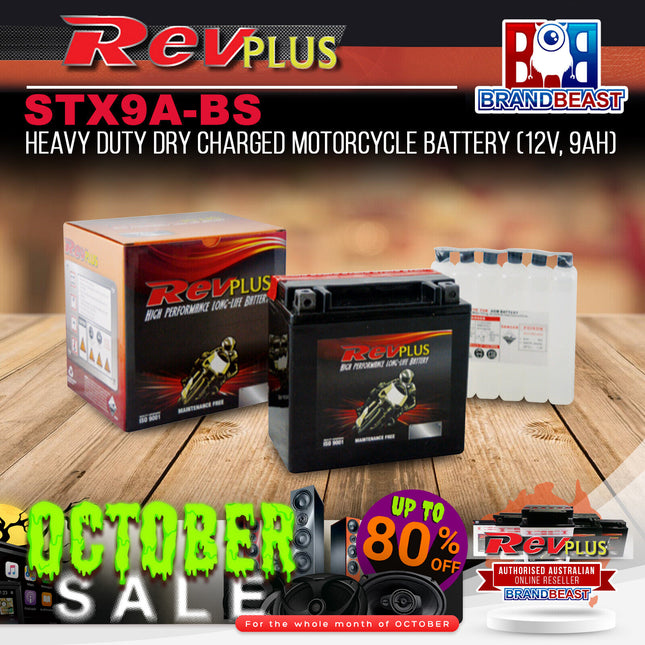 RevPLUS STX9A-BS Heavy Duty Dry Charged Motorcycle Battery (12V, 9Ah)