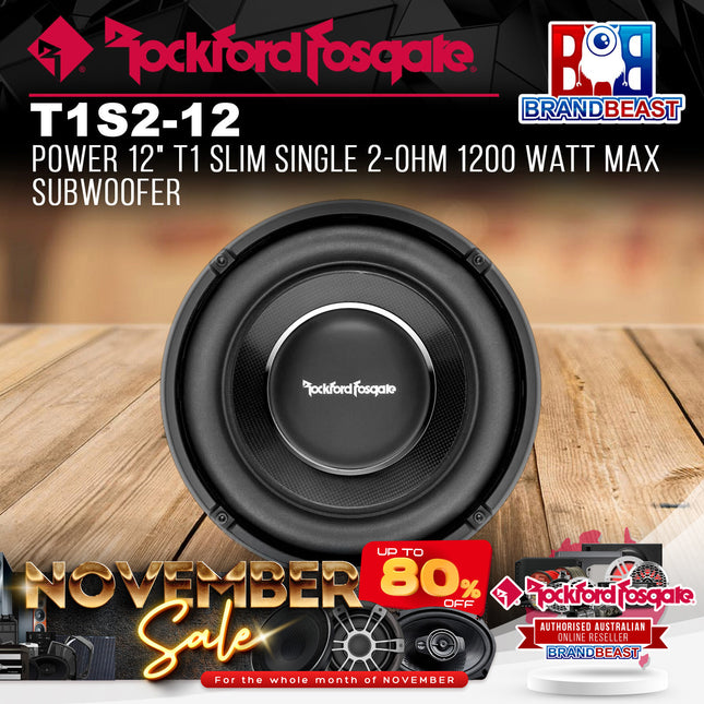 Rockford Fosgate T1S2-12 Power 12" T1 Slim Single 2-Ohm 1200 Watt Max Subwoofer