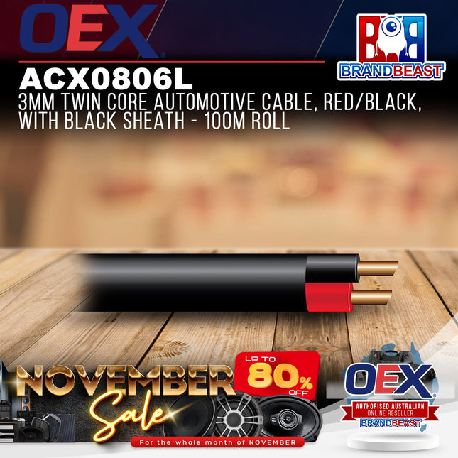 OEX ACX0806L 3mm Twin Core Automotive Cable, Red/Black, With Black Sheath - 100m