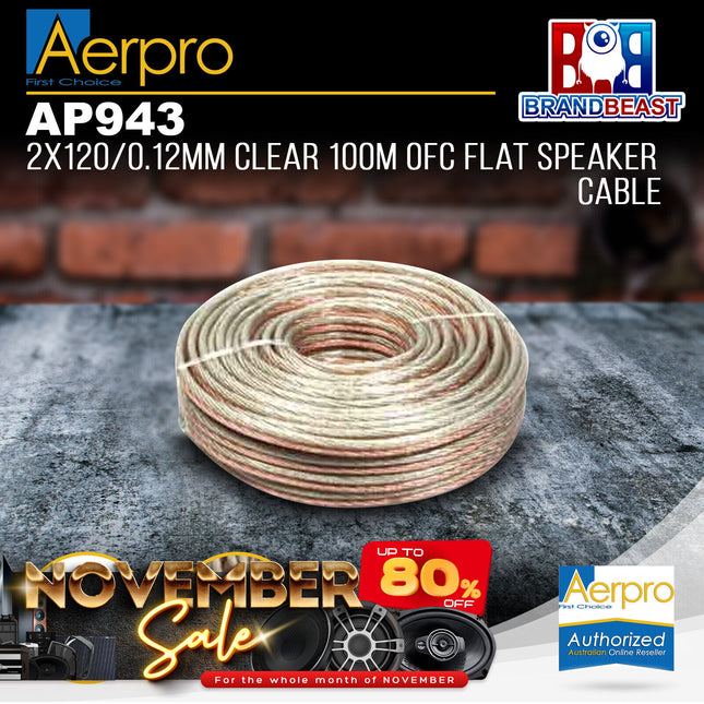 Aerpro AP943 2x120/0.12mm 100m OFC Flat Speaker Cable - Clear