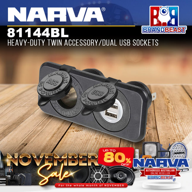 Narva 81144BL 12-24V Heavy-Duty Twin Accessory/Dual USB Sockets