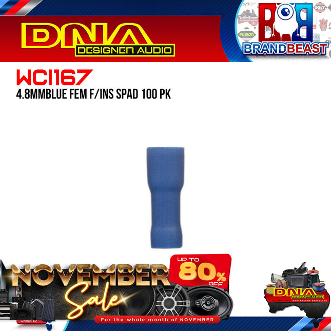 DNA WCI167 4.8mm Blue Female Fully Insulated Spade Crimp Terminals - 100 Pieces