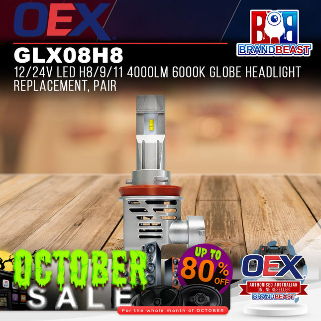OEX GLX08H8 12/24v Led H8/9/11 4000lm 6000k Globe Headlight Replacement Pair